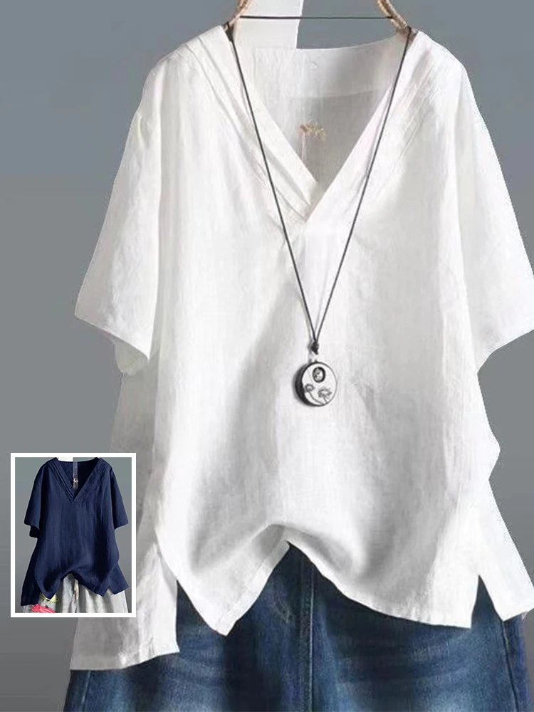 

Simple Color Breathable Cotton Linen ort Sve White T-irt Large Size Women's Faion V-Ne Versatile Casual Top ...