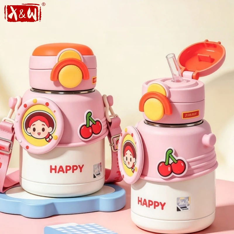 X&W Cartoon Jesse Bao Toy Story Anime Theme Thermos Bottle with Lifting Rope Double Straw Cup Portable Outdoor Sports Vacuum Cup