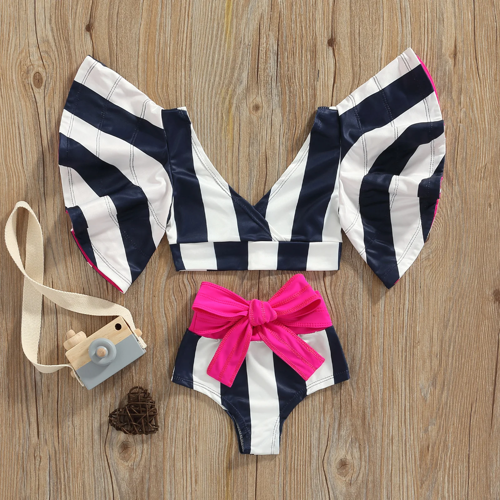 Girls Two-Piece Swimwear Lemon/Starfish/Striped Baggy Sleeve Swim Tops + High Waist Bathing Shorts Swimsuit