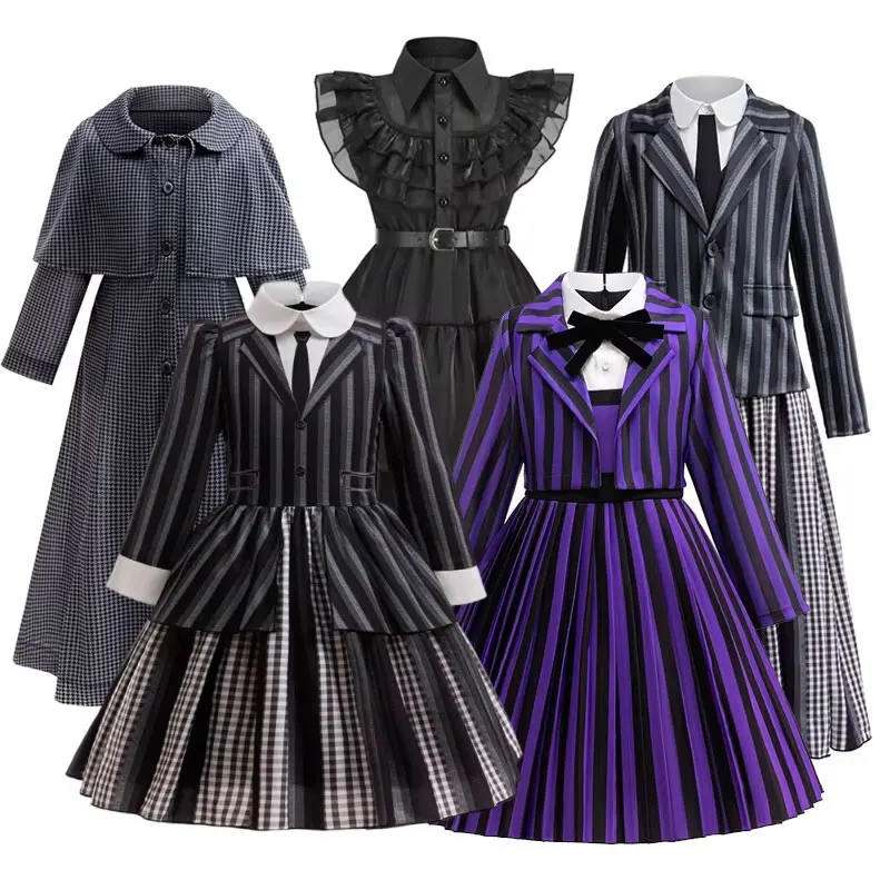 Children Wed. Costume Girls Family Cosplay Halloween Carnival Party Gothic Black Dress Kids Family Pageant Horror Set