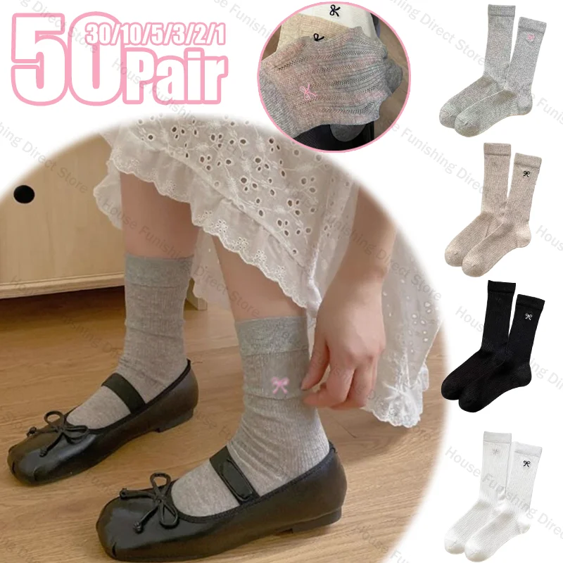 

New Women'S Bow Bow Mid-Length Socks Fashionable Solid Color Hollow Mesh Pile Socks Breathable And Comfortable Embroidery Socks