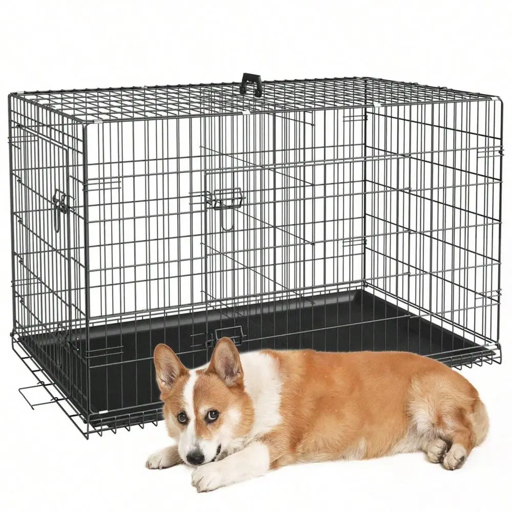 

Folding Mental Wire Crates Dog Kennels Outdoor And Indoor Pet Dog Cage Crate With DoubleDoor,Divider Panel, Removable Tray