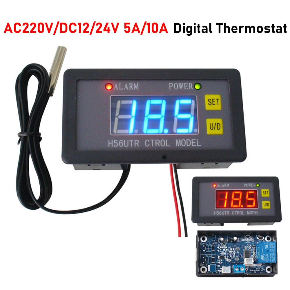 H56TR Digital Temperature Control DC12V 24V AC220V 5A/10A LED Adjustable Thermostat w/ Heat/Cooling Control Instrument -40-300℃