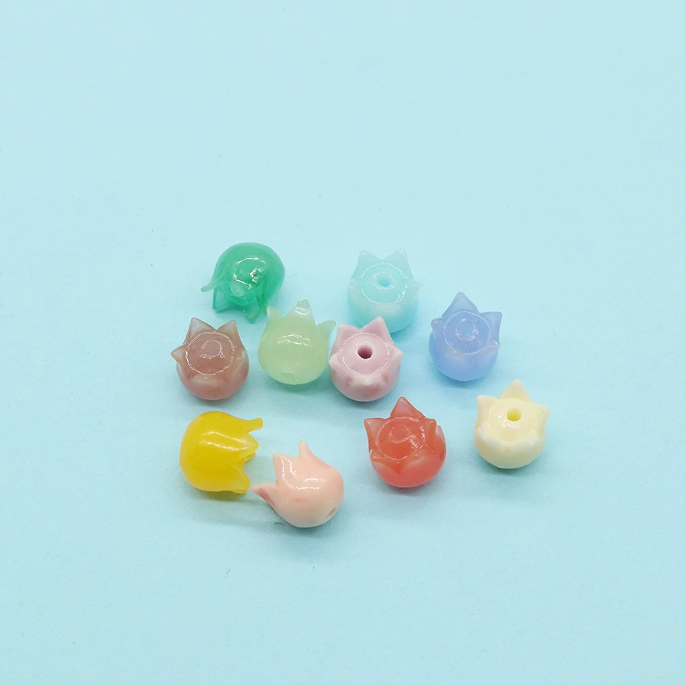10 Pcs Wholesales Supply  8x7mm Random Color Flower Bud Shaped Carved Craft Synthetic Coral Loose  Beads Jewelry Accessories