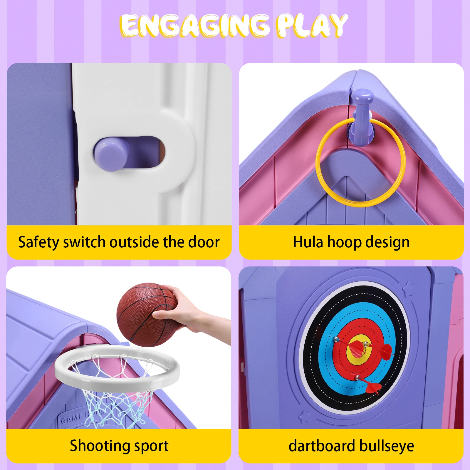 مسرح للأطفال مع لوح رمي السهام على شكل طوق كرة السلة، نشاط الفناء الخلفي غير سام، هيكل لعب الحديقة، خيمة لعب خيالية #4