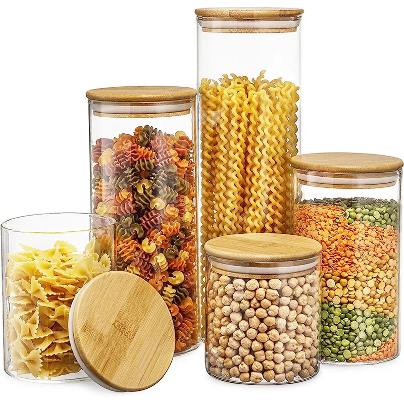 5pcs Glass Storage Jars with Airtight Lid Kitchen Storage Bottles Jars Sealed Container Food Pots for Grains,Sugar,Coffee,Tea