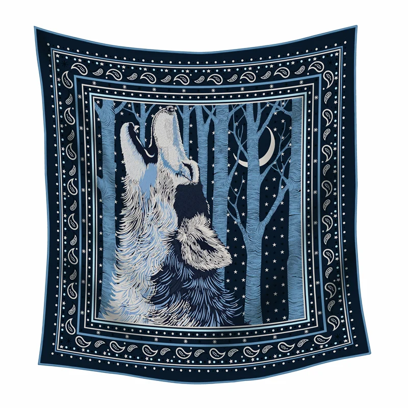 POBING Silk Cashmere Scarf Women Curled Square Scarves Wraps Wolf Printed Bandana Luxury Hijabs Female Foulards