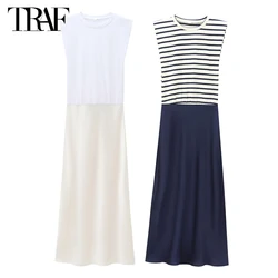 TRAF Striped Midi Dress Woman Patchwork Knitted Dresses for Women Sleeveless Long Dress Woman Summer Office Satin Female Dress