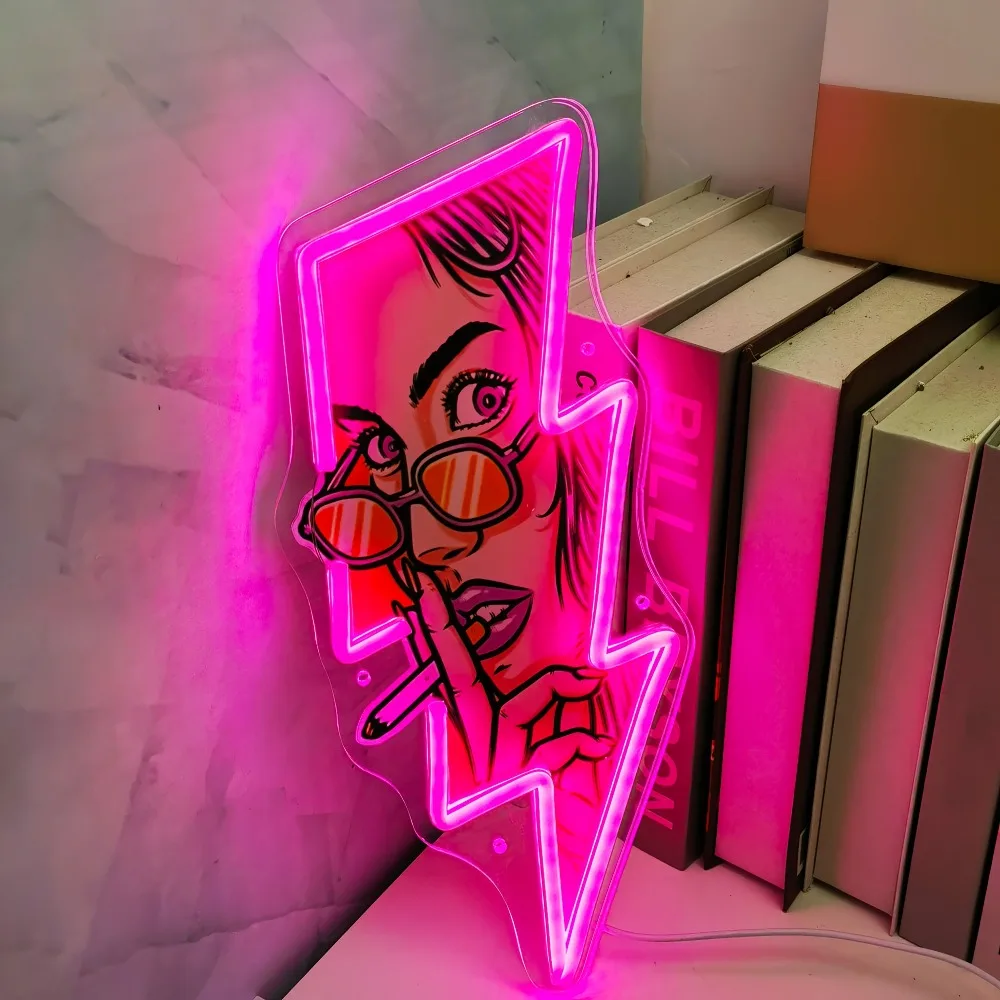 

Lightning Bolt Vintage Comic Girl LED Neon Sign Pink LED Neon Light USB Dimmable for Bedroom Home Bar Party Club Room Art Decor