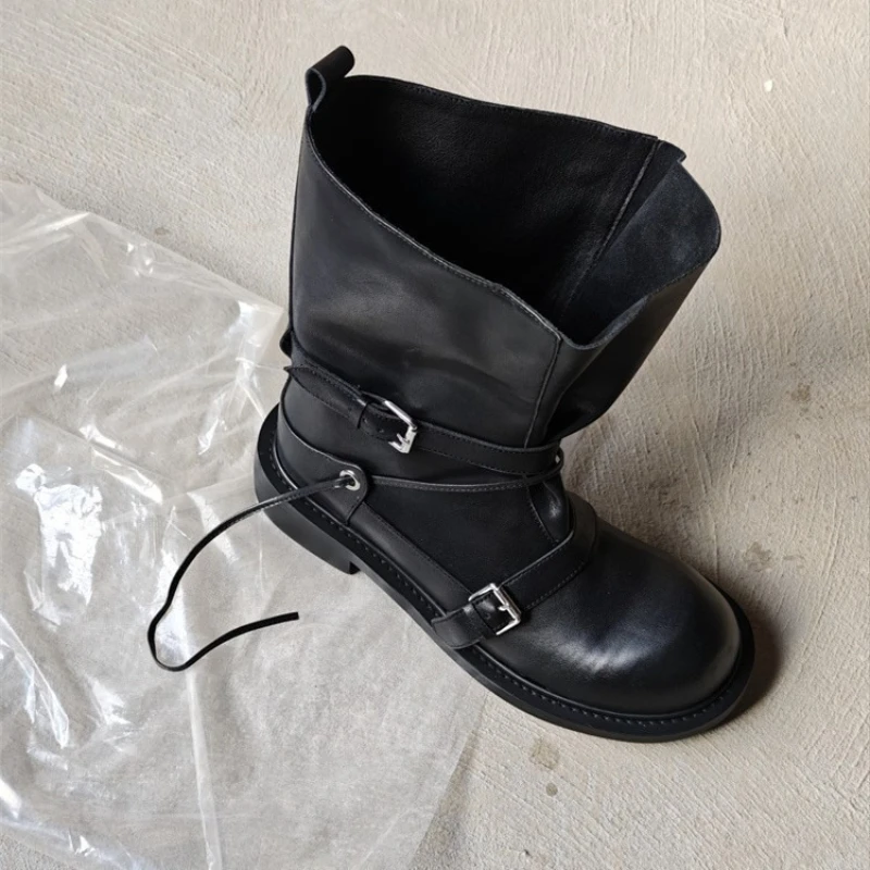 

Retro Buckle Mid Calf Boots Women Thick Sole Slimming Knight Boots Versatile Motorcycle Boots