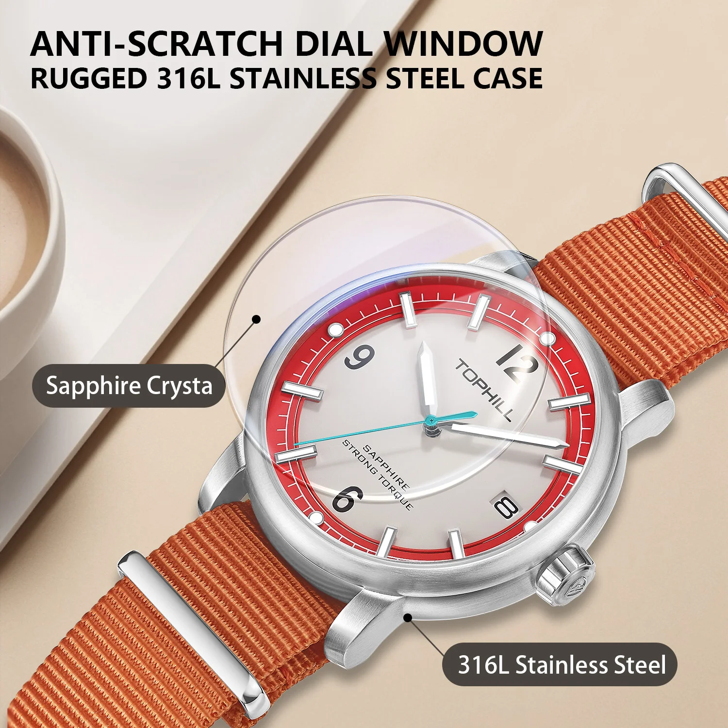 TOPHILL Quartz Watch for Men  Luminous Sport Watch Sapphire Crystal Vintage Design