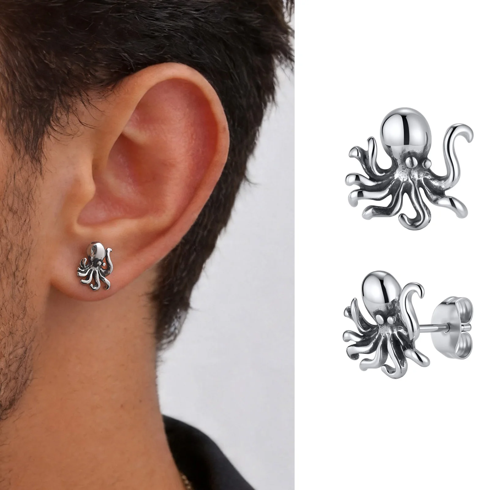

Vintage Octopus Stud Earrings for Men,Hypoallergenic Stainlesss Steel Marine Animal Stud Earrings,Halloween Party Father Gift