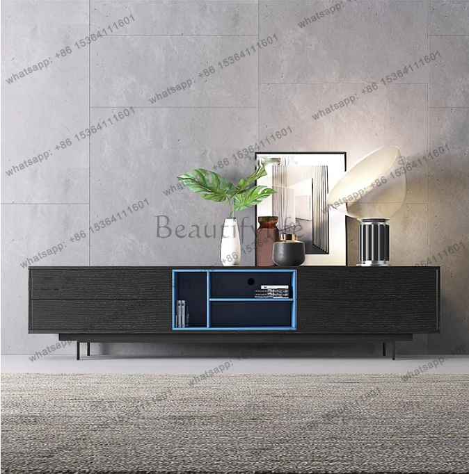 

Minimalist black TV cabinet, storage matte retro model room, multi-functional storage cabinet