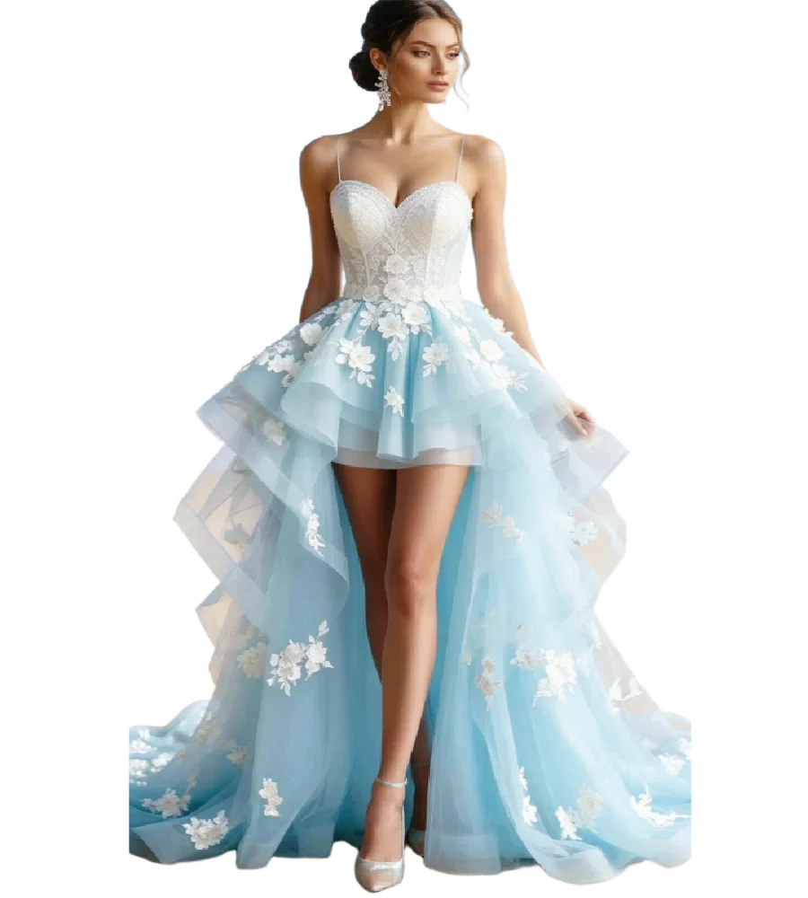 Enchanting Light Blue Beach Wedding Dress 2026 Sexy Hi Low Bohemain Bridal Gown With Florals Civil Boho Tulle Lace Robe nuptiale