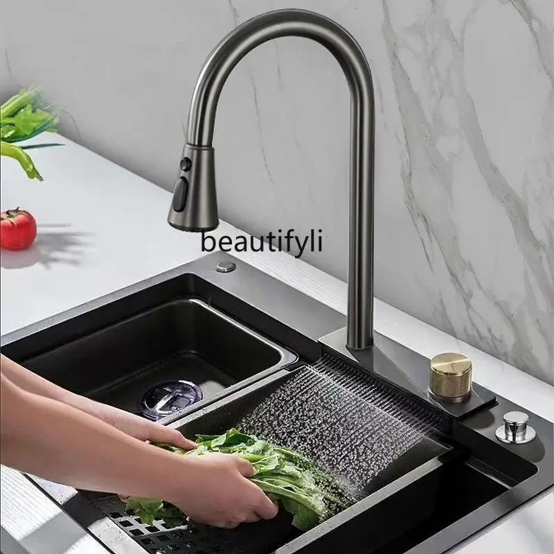 

yj Kitchen Sink Integrated Stainless Steel Pull-out Sink Set under Counter Washing Basin Large Single Sink