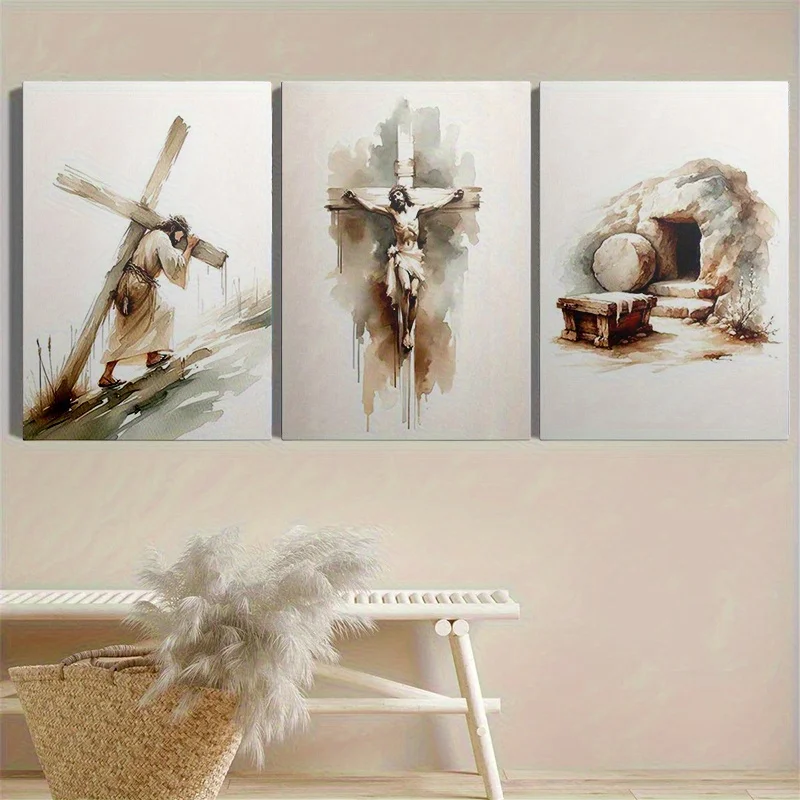 3pcs frameless Canvas Painting 3pcs -Christs passion resurrection triptych art themed canvas wall art print , high quality ink,