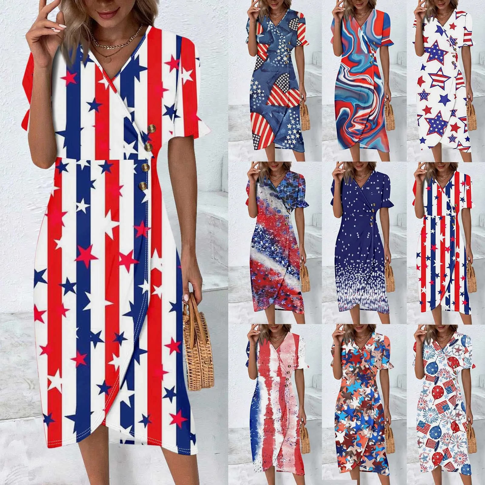 Flag Pirnt Dress Usa Independence Day Aesthetic Dresses Summer Women Beach Dress Plus Size Print Vestidos Short Sleeve