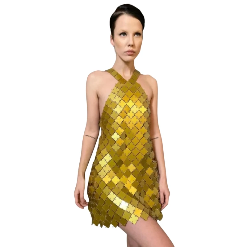 

Female Gold Skirt Women Silver Sexy Sleeveless Backless Evening Party Dresses Square Disc Chainmail Halter Mini Dress