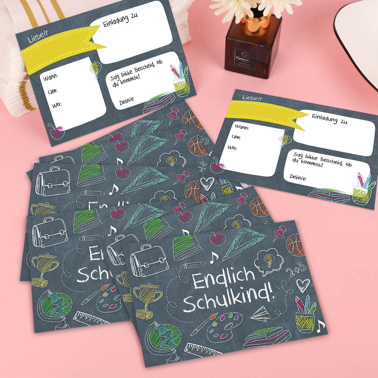 16 قطعة من رسائل دعوة للاستخدام الأول من المدرسة، "سأكون طفلًا مدرسيًا" وغيرها من المواضيع المتصلة بالمدرسة، تشالبو