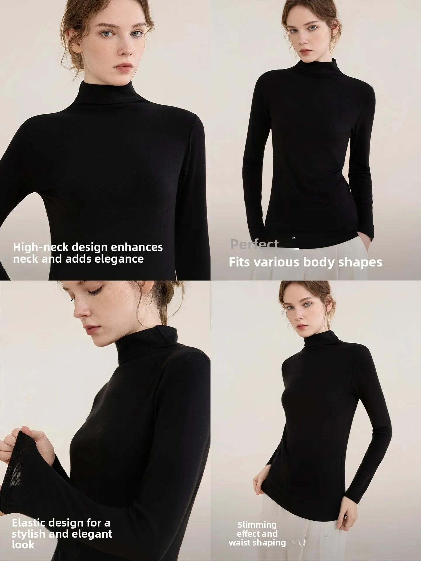 ELLE Women's High Collar Wool Base Shirt Slim Fit Warm T-Shirt Autumn Winter Fashion Daily Style Flat Belly Effect Top