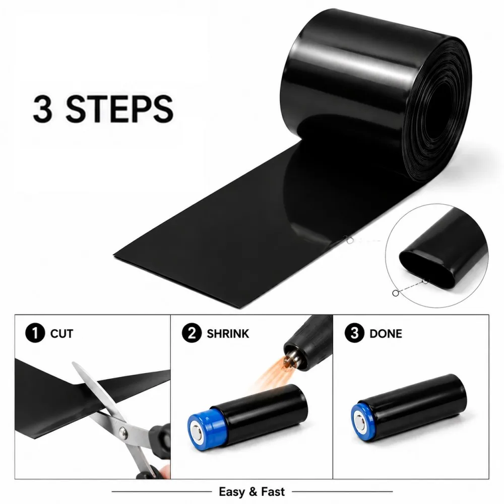 Black 18650 Lipo Battery PVC Heat Shrink Tube Pack Width 30mm ~ 300mm Insulated Film Wrap Lithium Battery Case Shrinkable