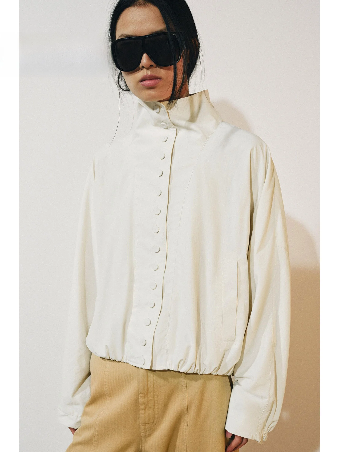 Loose Women's Jacket Autumn Season Stand Collar Button Design Bottom Rope Drawstring Casual Style Straight Tube Type