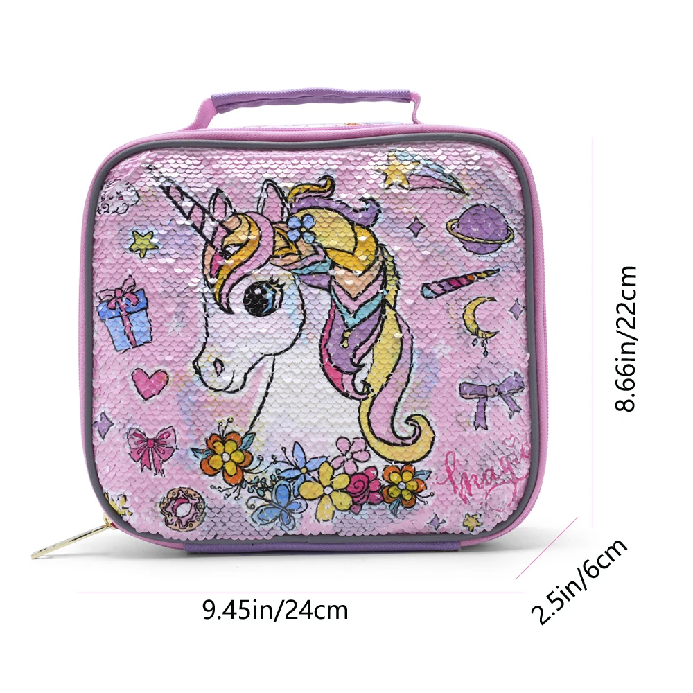 BLING BABIES Children\'s tote, lunch bag, double sided unicorn sequin design, pink and purple, suitable for carrying food