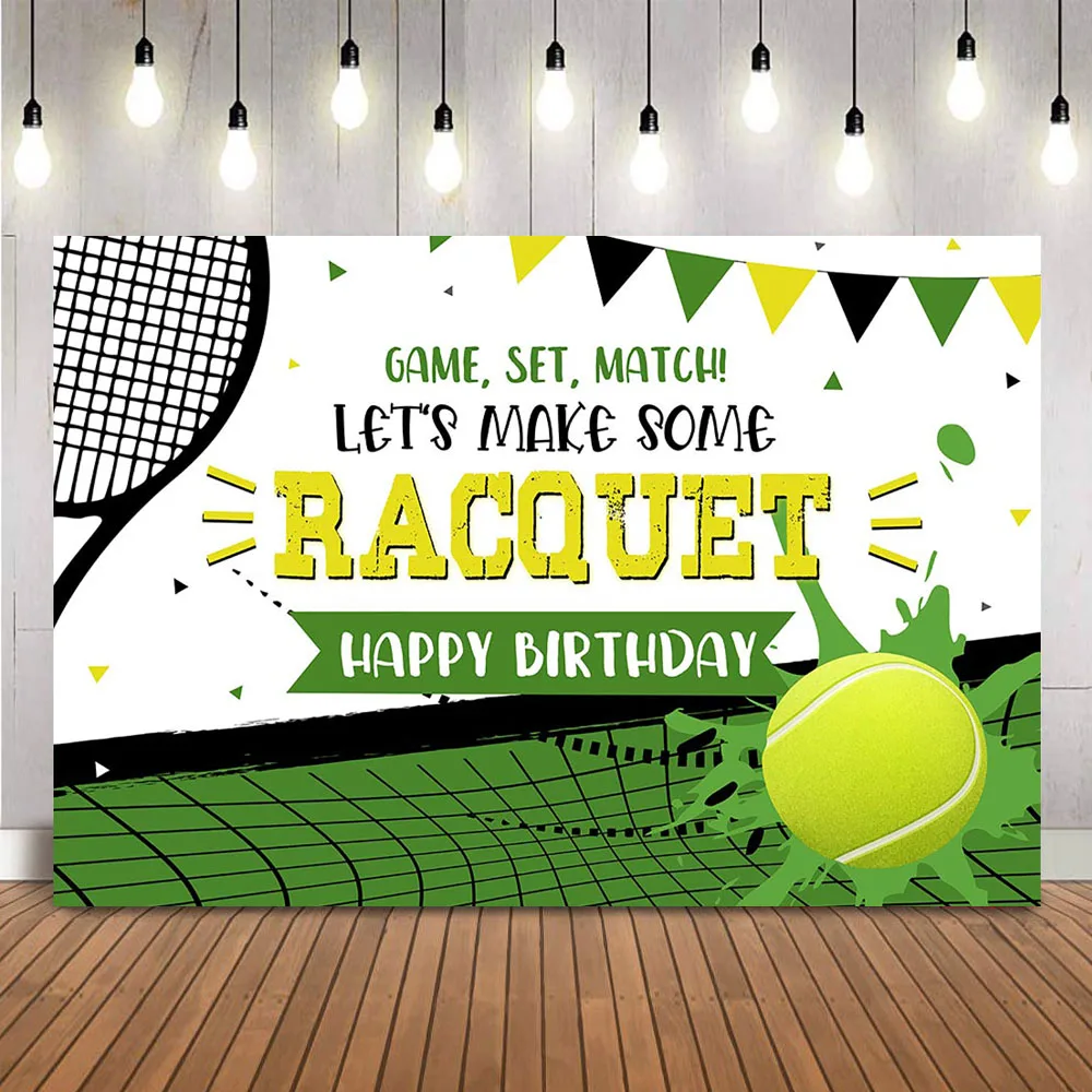 Tennis Balls Happy Birthday Backdrop for Party Decoration Racquet Net Volley Match Court Forehand Backhand Photo Background