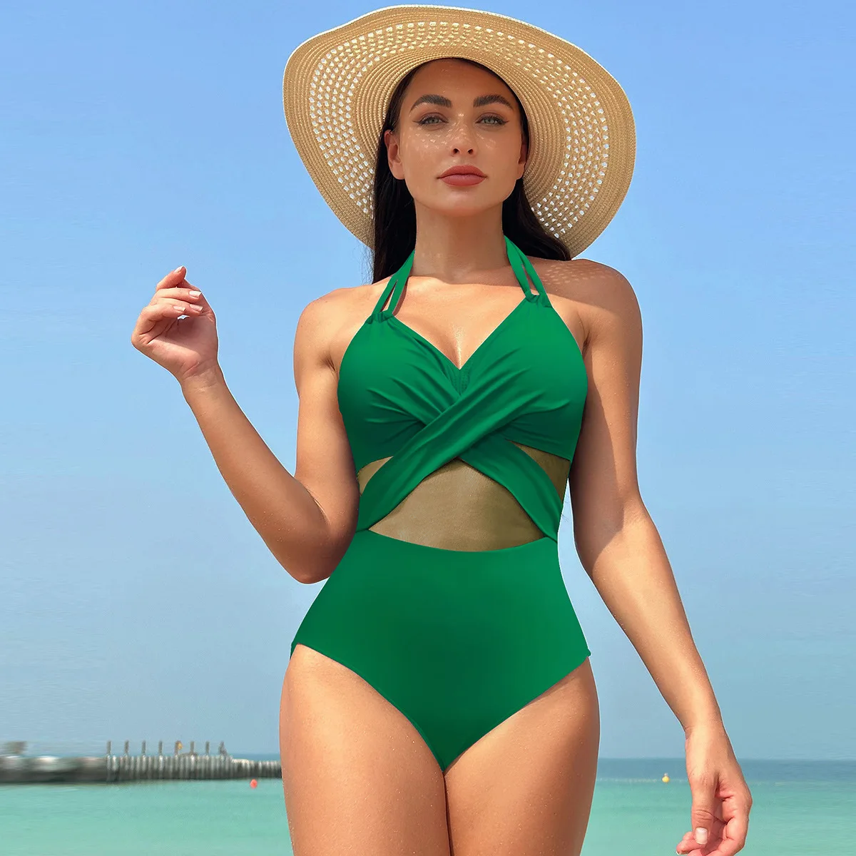 2024 New One Piece Swimsuit Womens Solid Color Mesh Swimsuit Bikini Swimwear Women