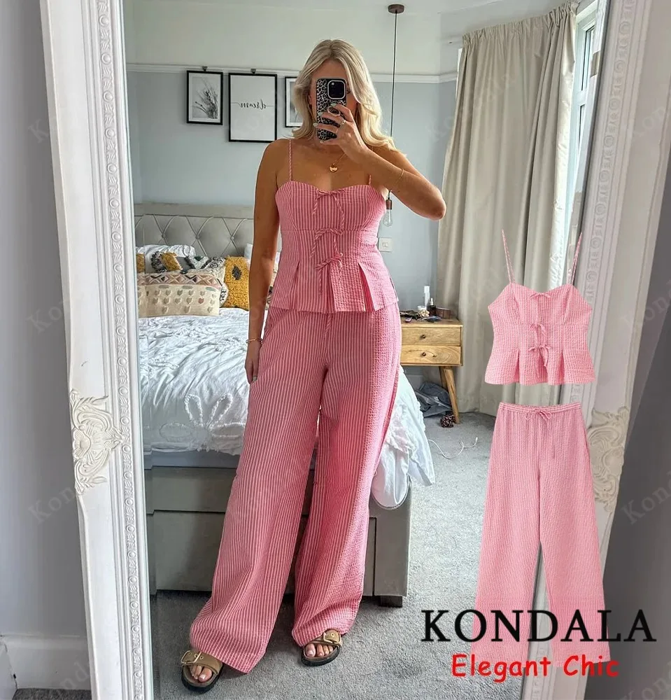 KONDALA Süßes rosa gestreiftes Neckholder-Set für Damen, schmales Hosenträger-Top oder Kordelzug-Hose, 2025, Sommermode, Urlaub, Damen-Hosen-Set