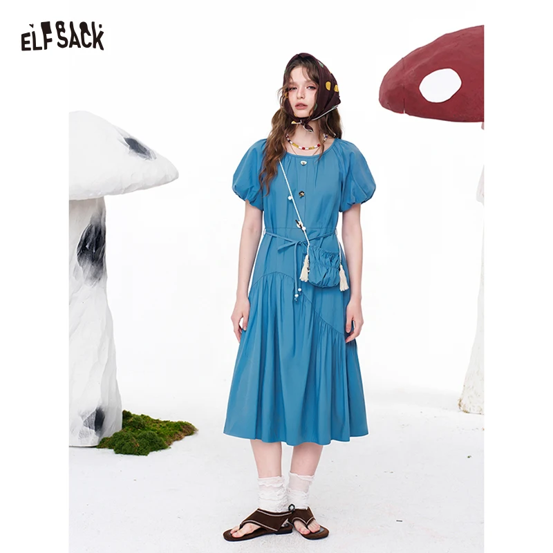 

ELFSACK Women's Blue Puff Sleeve Maxi Dress, Round Neck Button-Down Tie Waist Casual Long Dress, Summer Flowy A-Line Dress