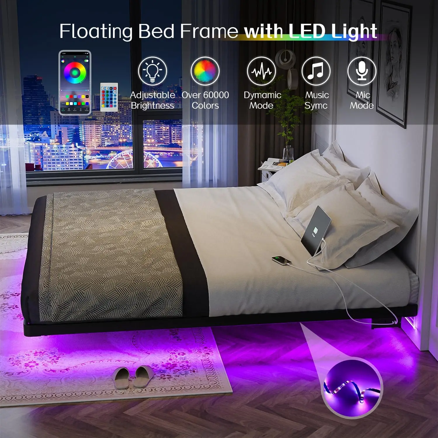 Se85515364025493cbb940d6bf4f87abeV Queen Size Floating Bed Frame with LED Lights and Charging Station