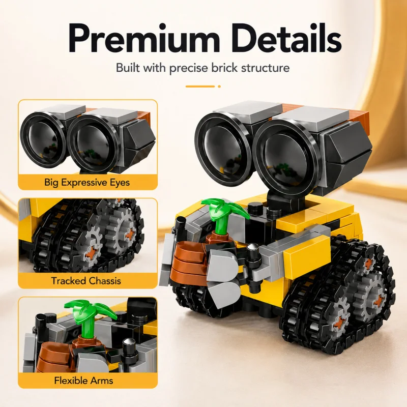 Mini Robot Building Blocks Set, Cute Tracked Brick Robot Model with Plant Accessory, Creative Desktop Display Toy Gift view 3