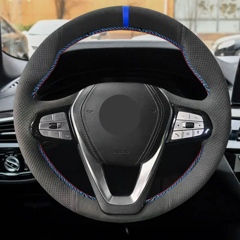 For BMW X3 G01 X4 G02 X5 G05 X7 G07 G11 G12 G20 G21 G30 G31 G32 Hand-stitch Car Steering Wheel Cover Suede Leather Trim blue bar