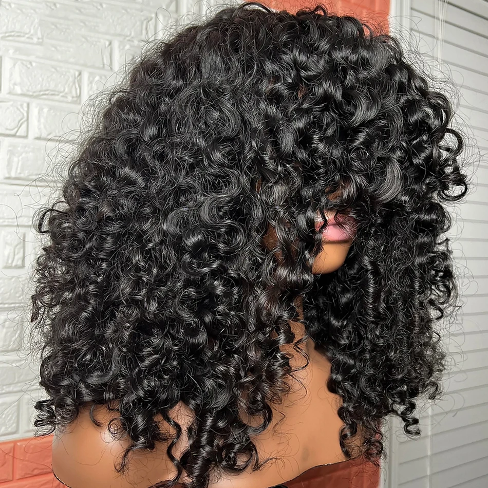 Soft Black 26 Inch Kinky Curly Machine Wig With Bangs For Women High Temperature Fiber Cosplay Glueless Daily Use Wig