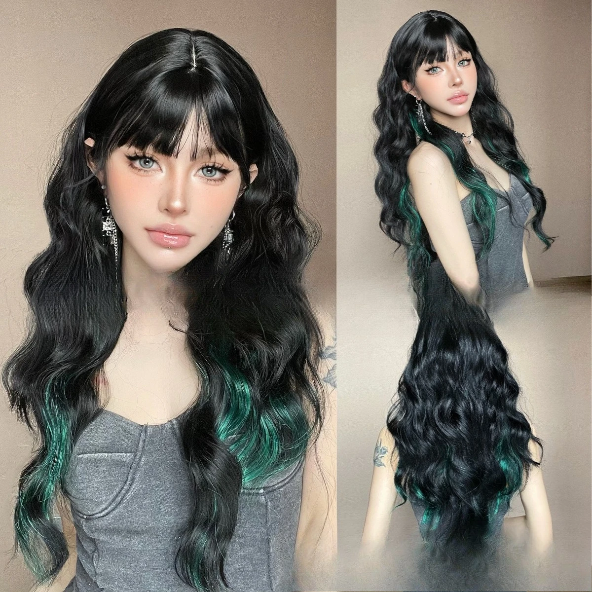 New Black Highlights Green Long Curly Hair Wig Full Headgear, Qi Bangs Chemical Fiber Women's Headgear Hair