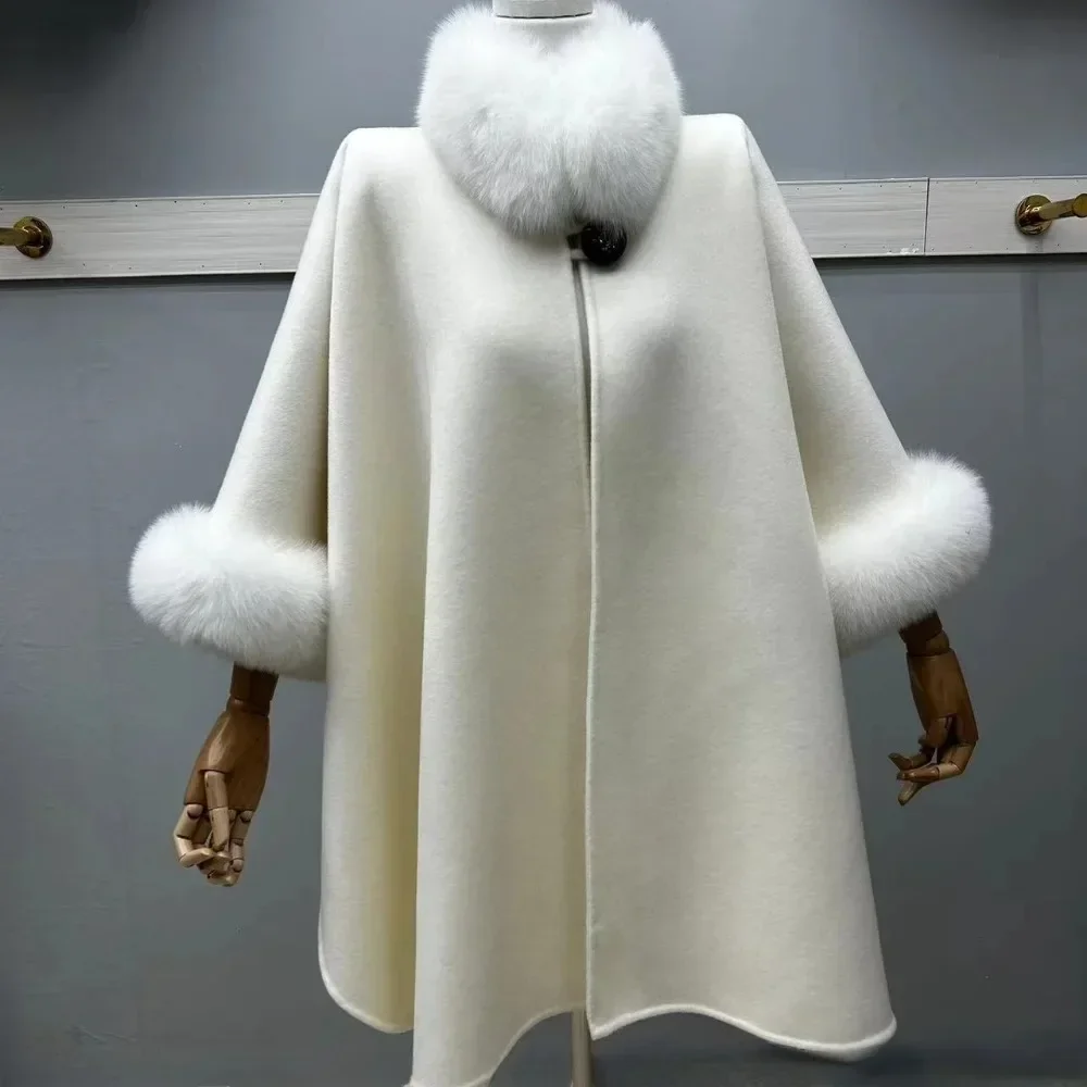 Natural Fox Fur Collar Cuffs Women Double Face Wool Coat Belted Style Fashion Loose coat Luxury Real Fur Coat Outerwear Clothing