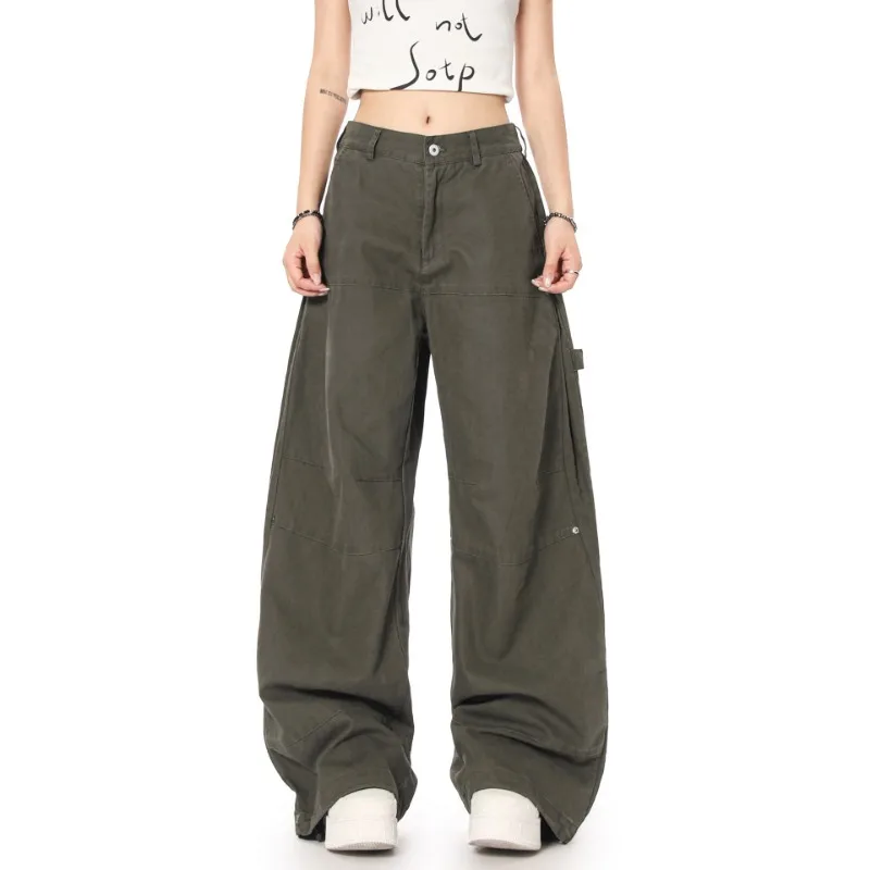 OR FL American High Street Vibe Style 100 Cotton Women Cargo Trousers Baggy Staraight Slacks Women's Solid Color Aging Pants Y2k