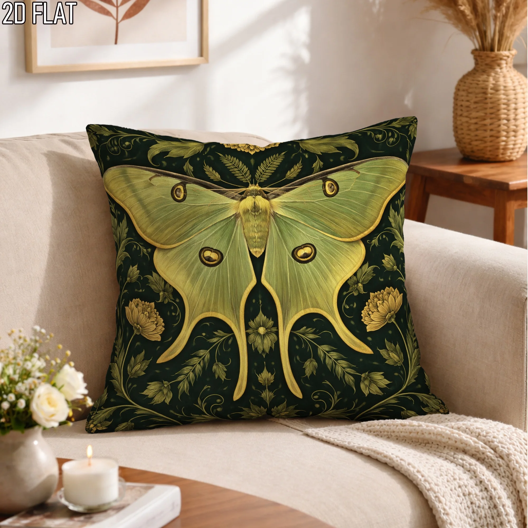 Vintage Luna Moth Throw Pillow Cover Dark Green Floral Botanical Art Cushion Case for Witchy Cottagecore Home Decor