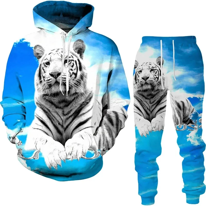 Men's Hoodies Sweatshirts Pants Suits White Tiger Graphic 3D Print Man Tracksuit Outfits Fashion Men's Clothing 2Pcs Set﻿﻿﻿﻿