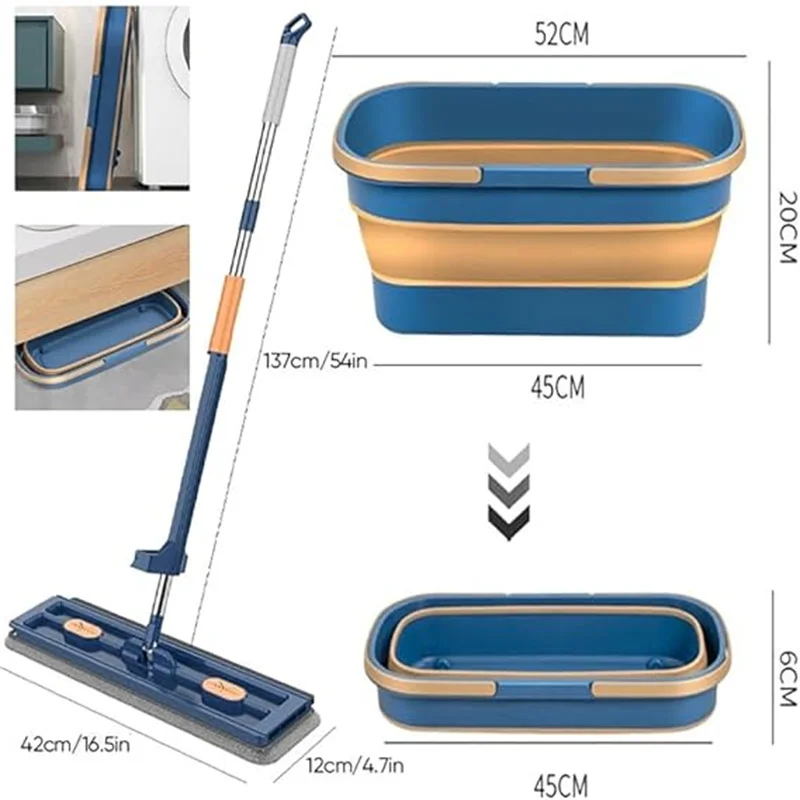 Large Flat Mop with Rags & Bucket,360° Rotating Magic Self Wringing Flat Mop,Wall Cleaning Mop with Stainless Steel Long Handle