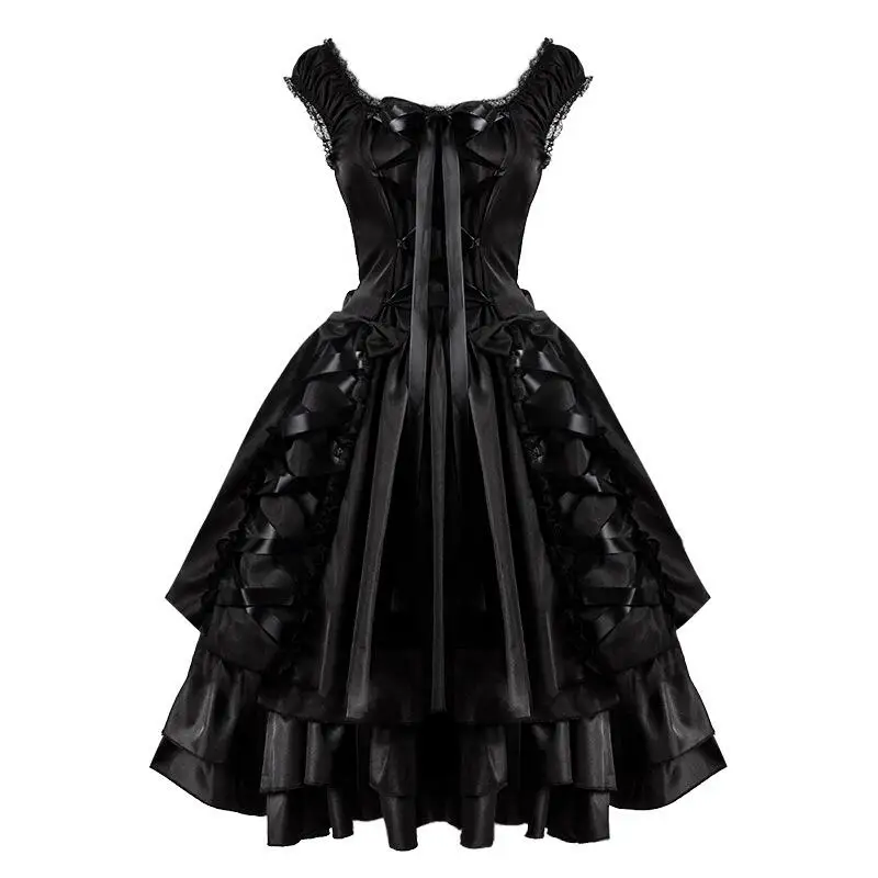 Gothic Duisternis Lolita Kostuum Middeleeuwse Mouwloze Lace Up Prinses Jurk Steampunk Layer Vrouwen Goth Halloween Fancy Outfit