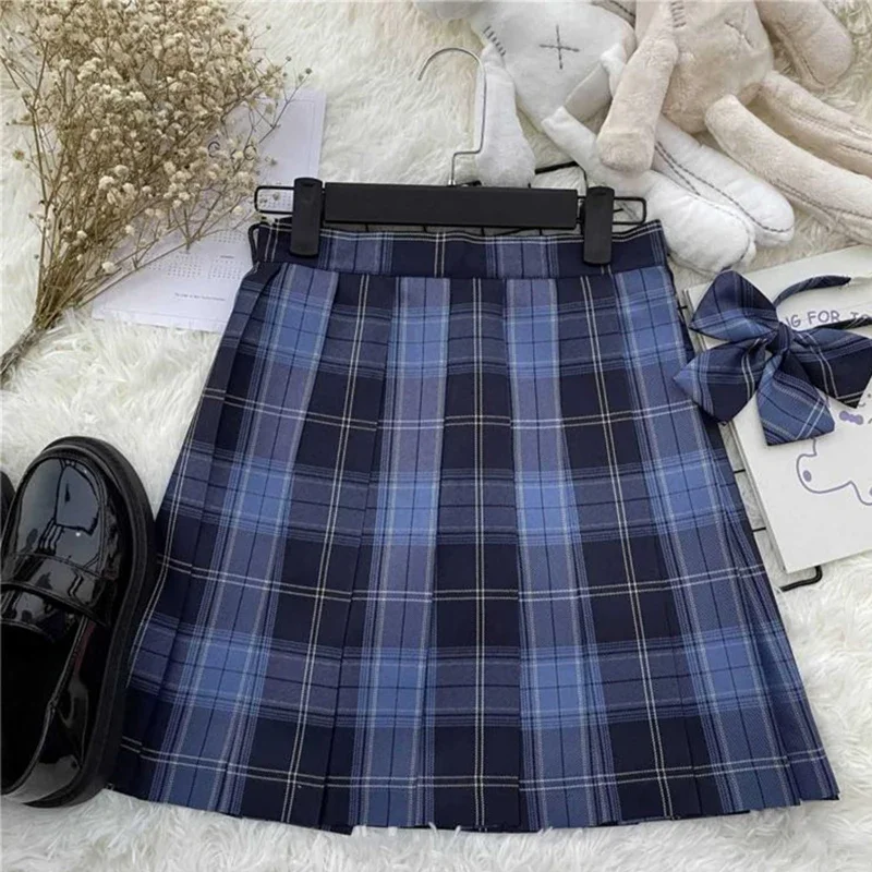 Students Girls Blue Blouse Shirt Plaid Skirt Sets Japanese JK School Uniform Summer High Waist Pleated Skirts Women Summer Suit