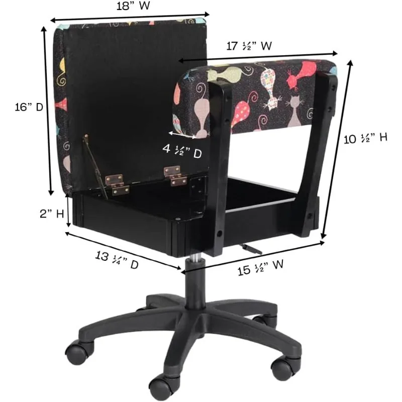 HCAT Adjustable Height Hydraulic Sewing and Craft Chair with Under Seat Storage and Printed Fabric, Black Cat Fabric