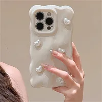 Cute 3D Pearl Love Heart Wave Pattern Soft Silicone Phone Case For iPhone 15 13 Pro Max 11 12 14 Pro Luxury Glossy Back Case