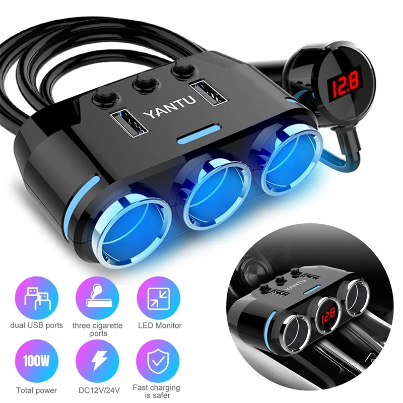 

12V-24V Car Phone Charger Cigarette Lighter Socket Splitter Plug 2-USB Car Charger With Extension Cable Voltage Display