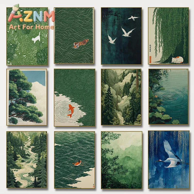 1pc Retro Japanese Forest & Koi Fish Zen Water Canavs Poster - Unframed Waves Crane Canvas Wall Art for Peaceful Home Decoration