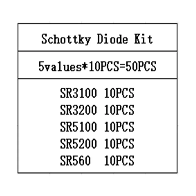 50PCS=5values*10PCS Schottky Diode Assorted Kit SR3100 SR3200 SR5100 SR5200 SR560 each 10PCS