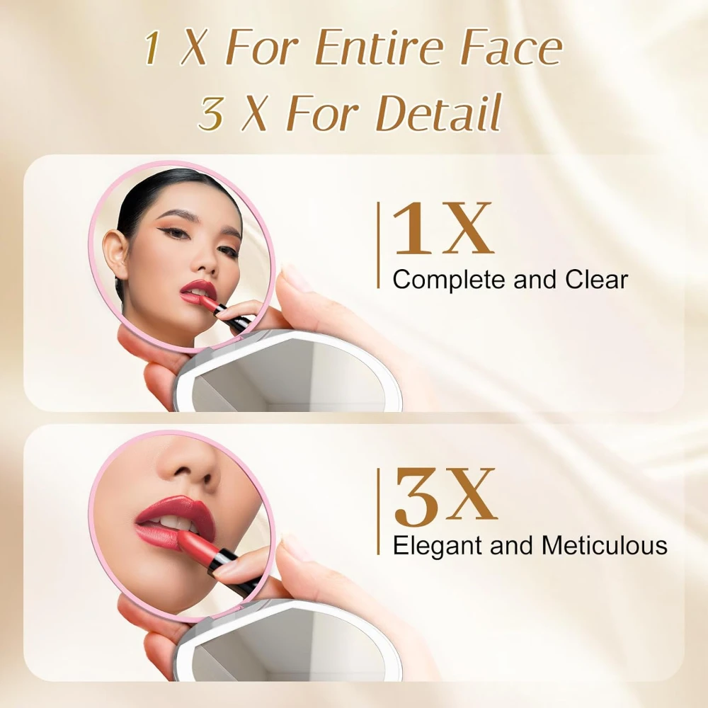 ライト付きコンパクトミラー、1X/3X倍率LEDポケットミラー、USBデータケーブル付き、ピンクミニミラー、財布、ポケット、旅行用