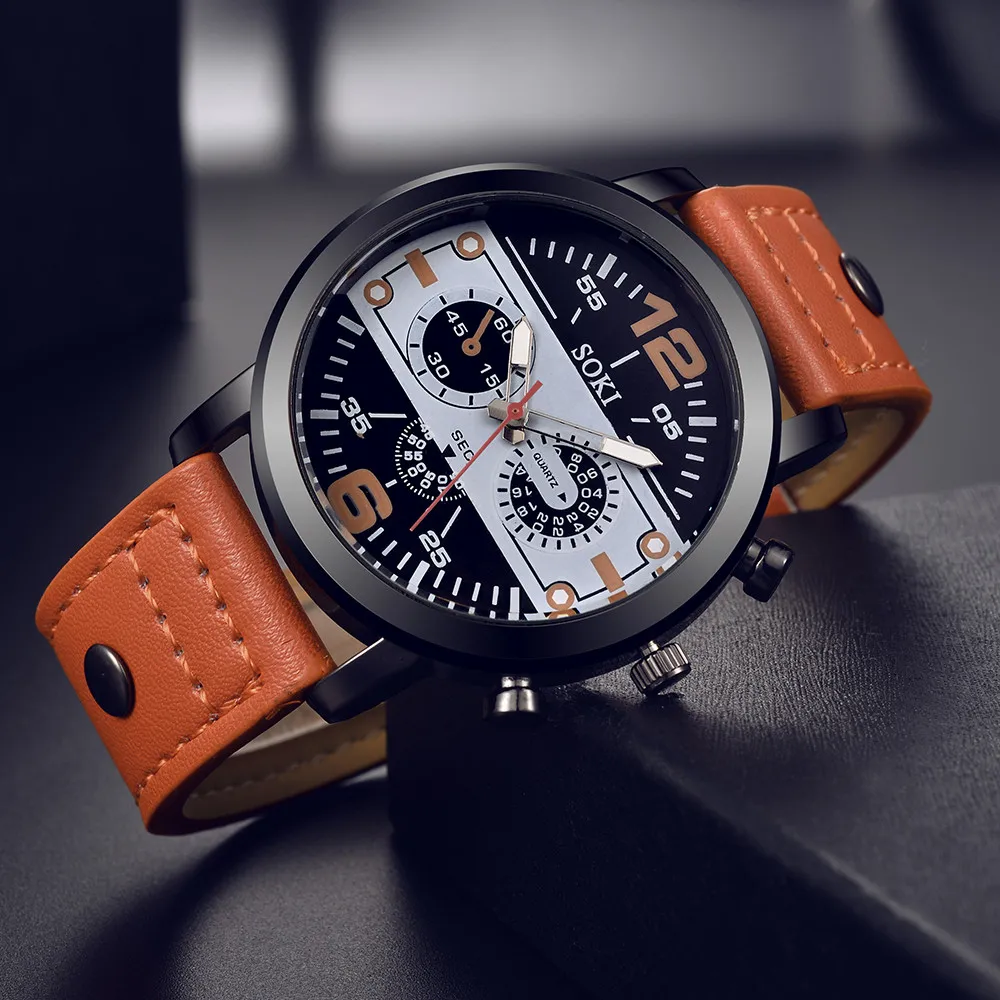 Couple Fashion Leather Band Analog Quartz Round Wrist Business men\'s watch
